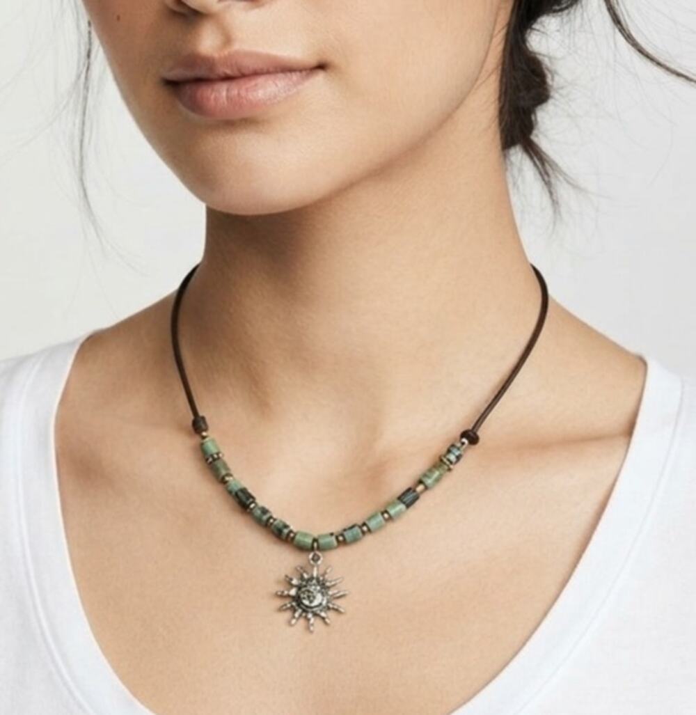 Handmade Boho Sun Pendant and Jasper Beaded Necklace